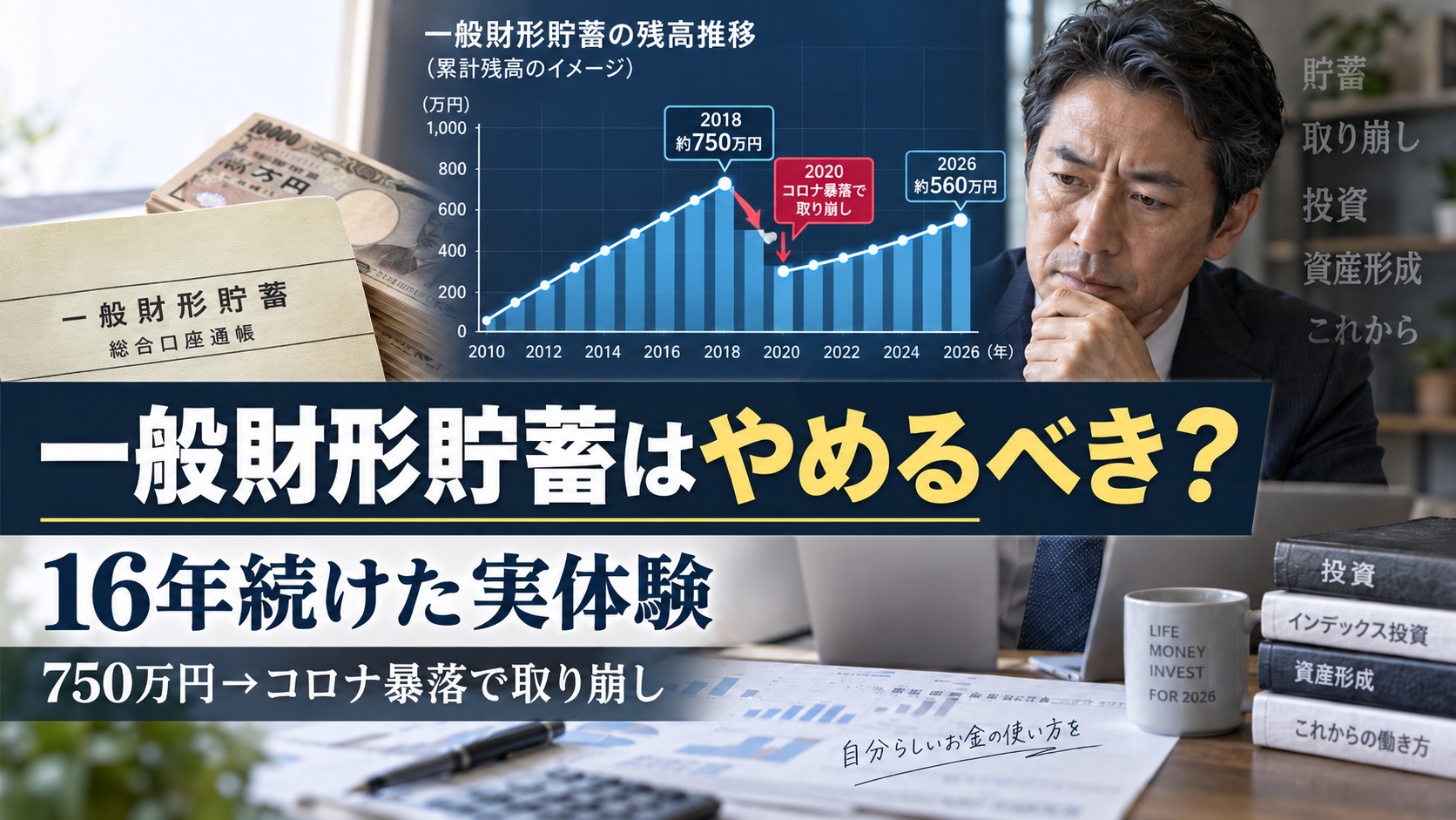 一般財形貯蓄を16年続け、2018年に約750万円、2020年のコロナ暴落で取り崩し、2026年に約560万円となった残高推移のアイキャッチ
