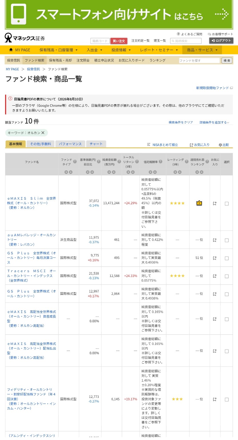 マネックス証券でオルカンを検索した投資信託の商品一覧画面