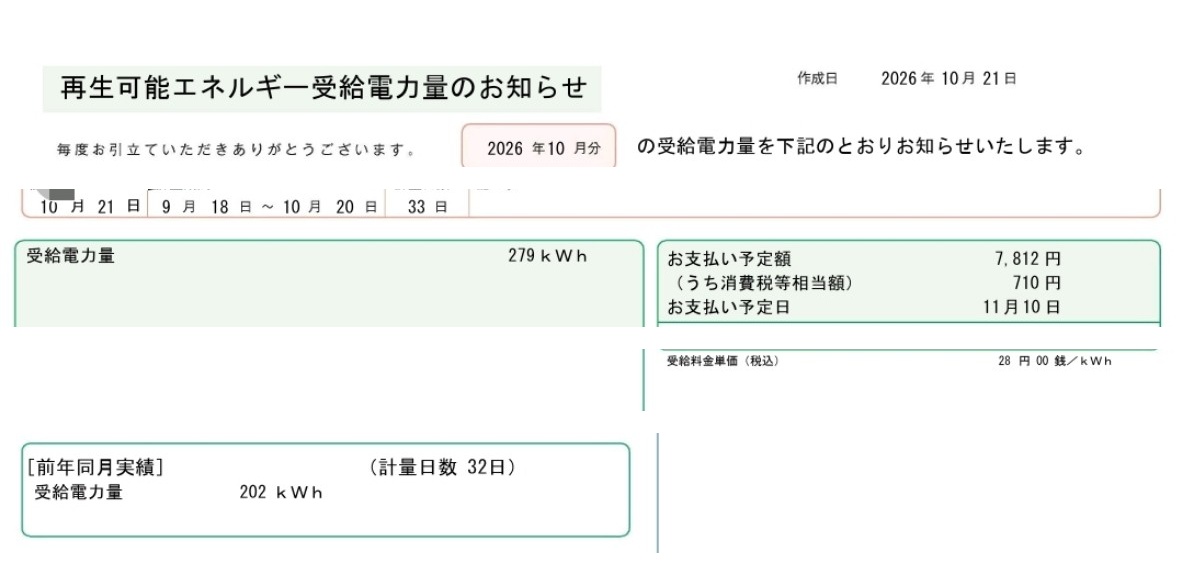 2026年10月分の再生可能エネルギー受給電力量のお知らせ。279kWh、7812円の実績
