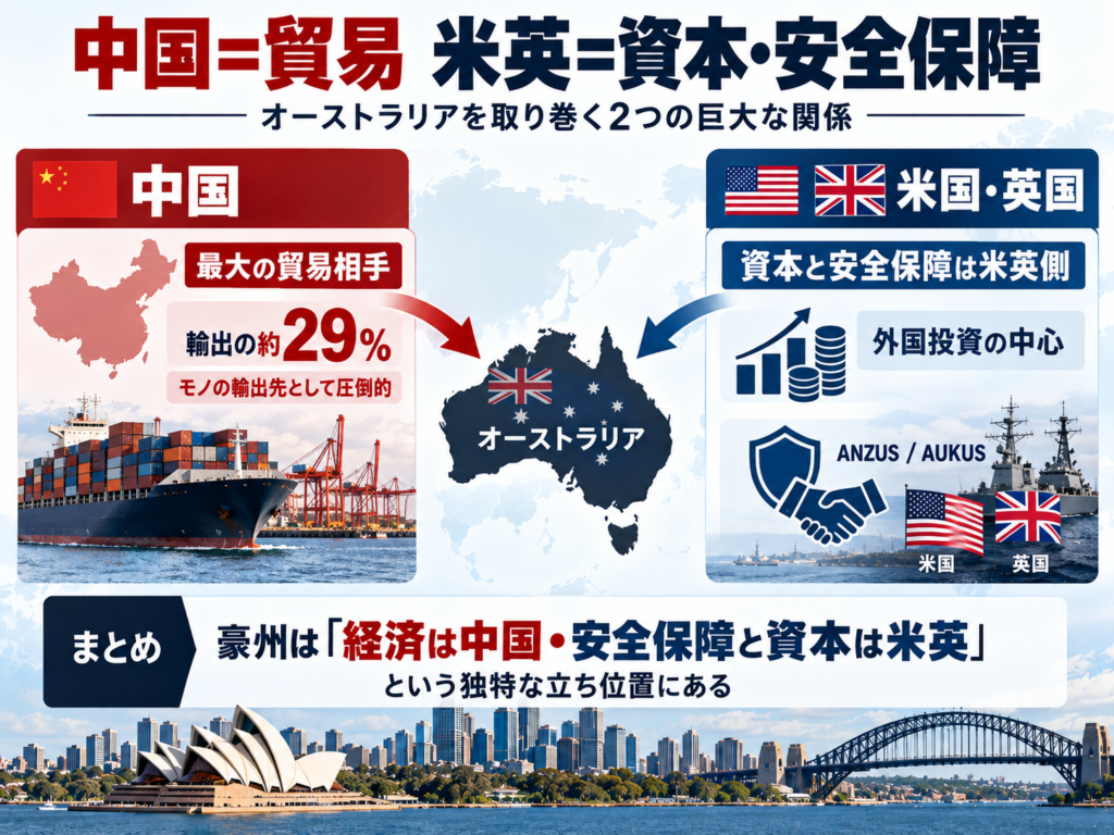 オーストラリアを取り巻く2つの大きな関係を示した図。左に中国との貿易関係、右に米国・英国との資本・安全保障関係を配置し、豪州は経済面では中国、資本と安全保障では米英との結びつきが強いことを表している。