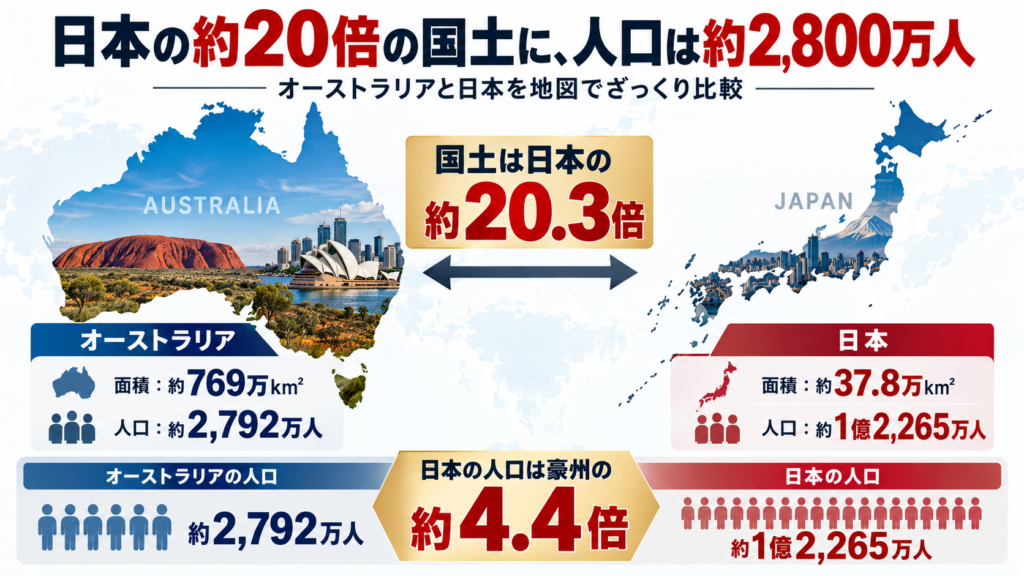 オーストラリアと日本の国土面積と人口を比較した図。オーストラリアは日本の約20.3倍の国土を持つ一方、人口は約2,792万人で日本の約4分の1。