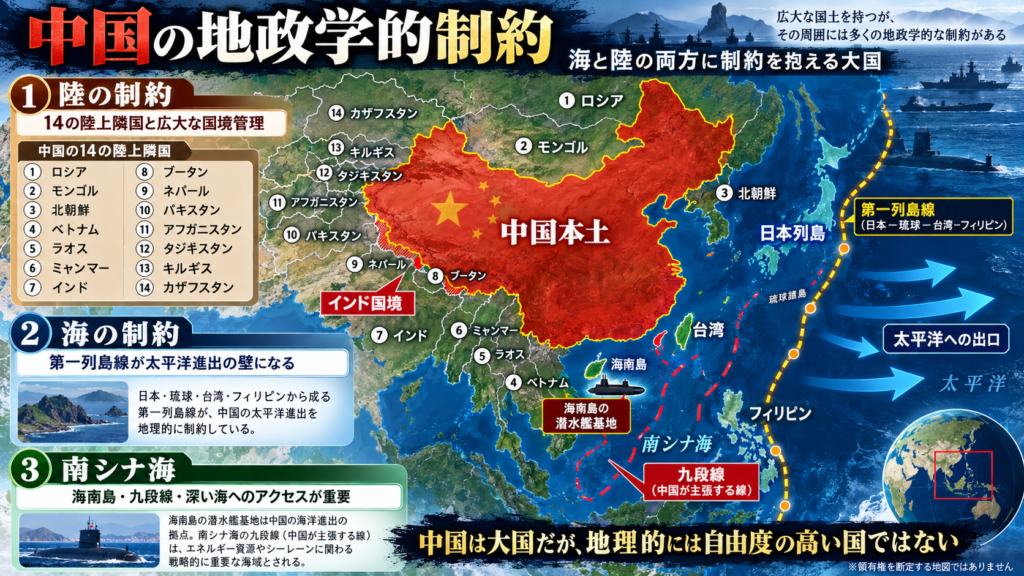中国の地政学的制約を示した地図風インフォグラフィック。中国本土、14の陸上隣国、インド国境、日本列島、台湾、フィリピン、第一列島線、海南島、南シナ海、九段線(中国が主張する線)、海南島の潜水艦基地、太平洋への出口を示している。
