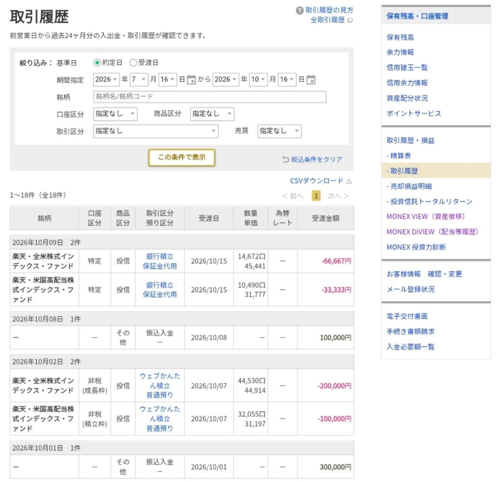 マネックス証券の2026年10月の取引履歴。月30万円と月10万円の入金および楽天VTI楽天VYMの買付記録