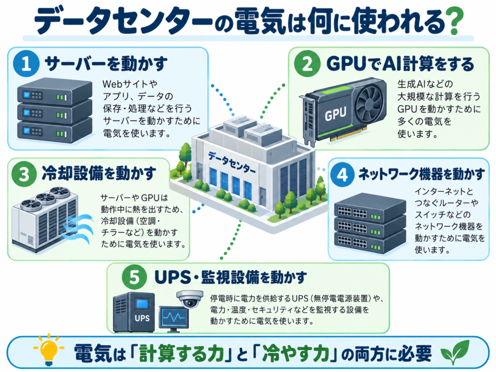 データセンターの主な電力用途を示す図解。サーバーやGPUによるAI計算、冷却設備、ネットワーク機器、無停電電源装置や監視設備に電気が使われる仕組み。