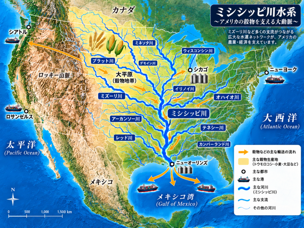 ミシシッピ川と主要支流によるアメリカの水運ネットワークと穀物輸送ルート