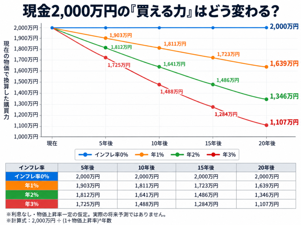 現金2,000万円の購買力がインフレ率0％・1％・2％・3％で20年間にどう変化するかを示した比較グラフ。年2％なら20年後は約1,346万円、年3％なら約1,107万円まで目減りする。