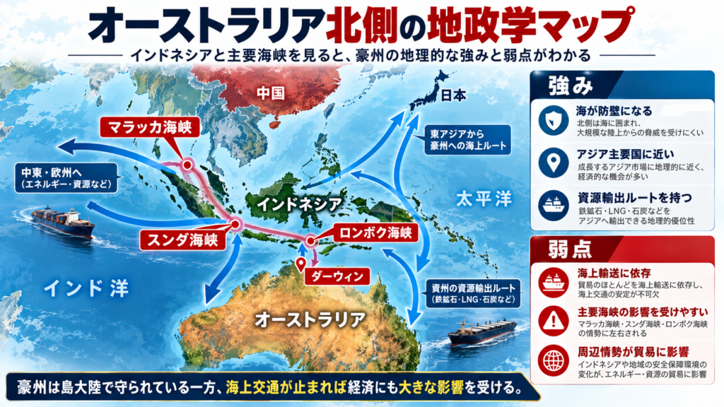オーストラリア北側の地政学マップ。オーストラリア、ダーウィン、インドネシア、中国、日本、インド洋、太平洋を示し、マラッカ海峡・スンダ海峡・ロンボク海峡と豪州の主要海上ルート、さらに地理的な強みと弱みを図解している。