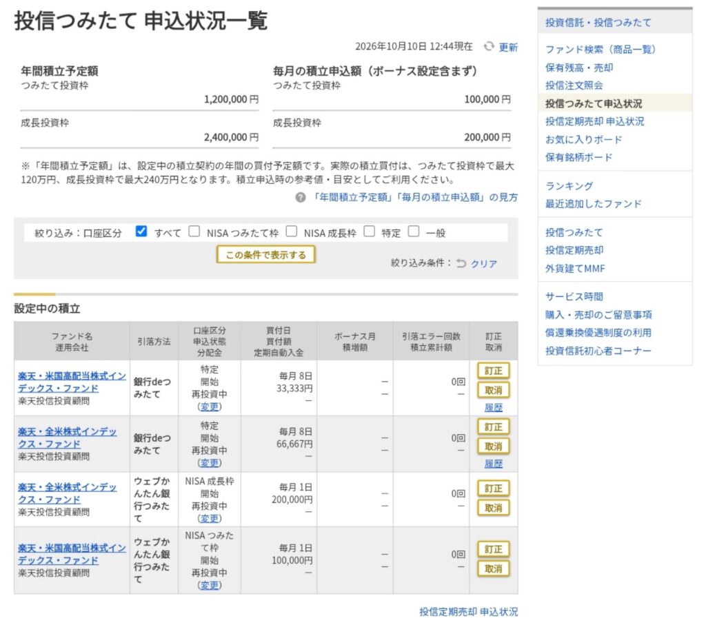 マネックス証券の2026年10月の投信つみたて申込状況。銀行deとウェブかんたん銀行つみたてで楽天VTIと楽天VYMを月40万円設定