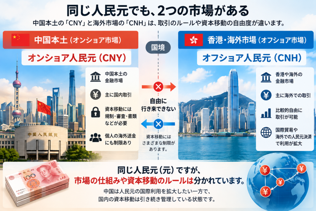 オンショア人民元CNYとオフショア人民元CNHの違いを、中国本土と香港・海外市場、資本規制の関係で示した図