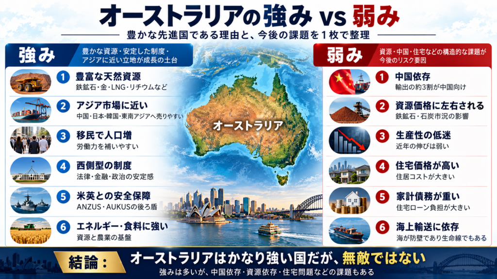 オーストラリアの強みと弱みを比較した図。強みとして天然資源、アジア市場への近さ、移民による人口増、西側型制度、米英との安全保障、エネルギー・食料を示し、弱みとして中国依存、資源価格依存、生産性低迷、高い住宅価格、家計債務、海上輸送依存を整理している。