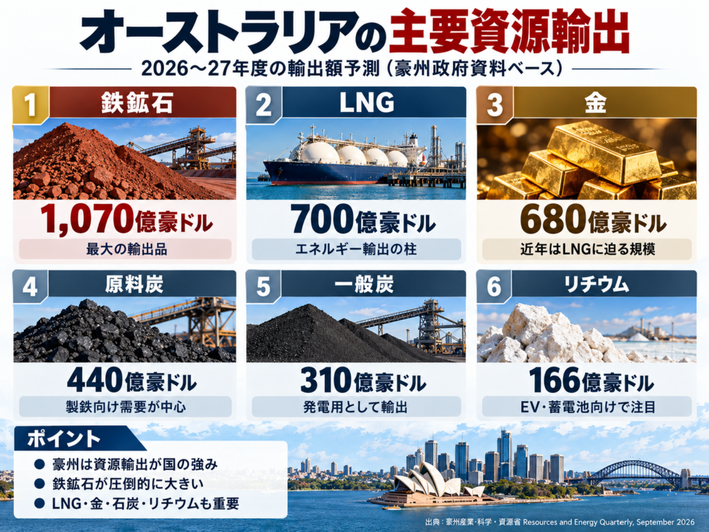 オーストラリアの主要資源輸出を比較した図。2026〜27年度予測で鉄鉱石が約1,070億豪ドルと最大で、LNG約700億豪ドル、金約680億豪ドル、原料炭約440億豪ドル、一般炭約310億豪ドル、リチウム約166億豪ドルと続く。