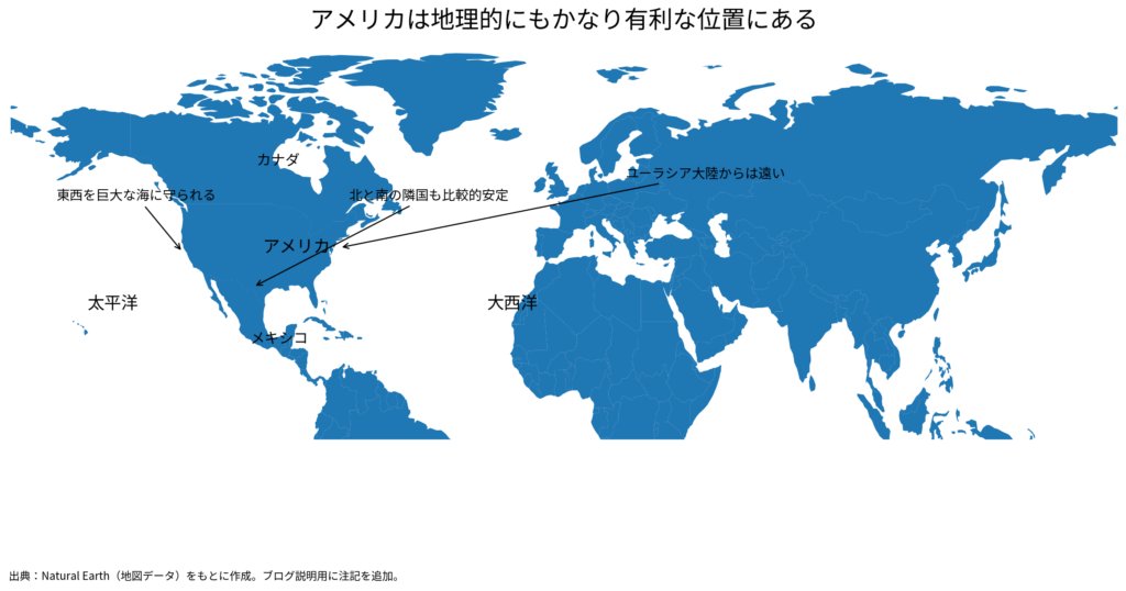 世界地図上で見たアメリカの地理的優位を示す図