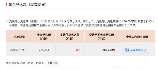 2026年10月13日に確認した本人のねんきんネット試算。65歳からの年金見込額は月215,233円。